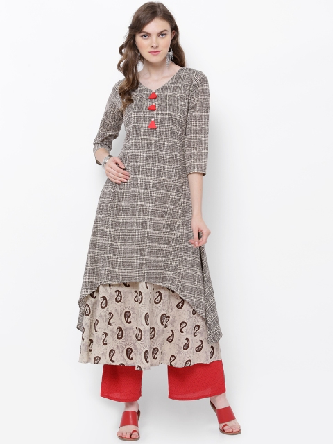 

Vishudh Women Cream-Coloured & Brown Printed Layered Kurta
