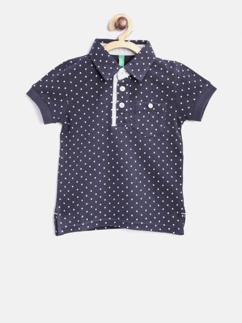 

United Colors of Benetton Boys Navy Blue & White Printed Polo Collar T-shirt