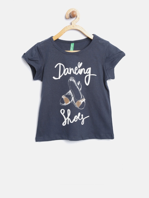 

United Colors of Benetton Girls Navy Printed Round Neck T-shirt, Navy blue