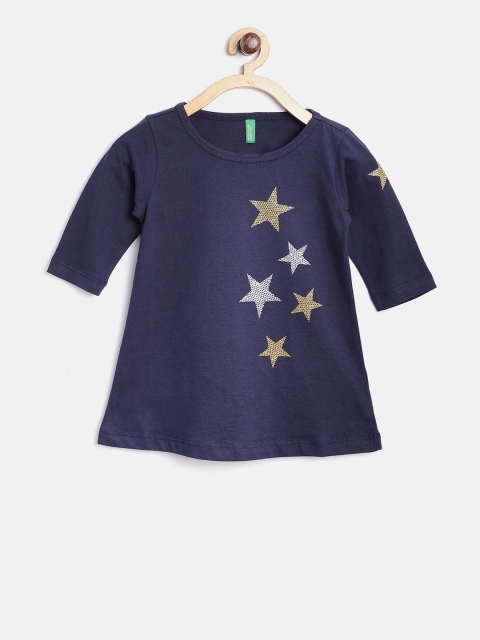 

United Colors of Benetton Girls Navy Blue Printed Round Neck T-shirt