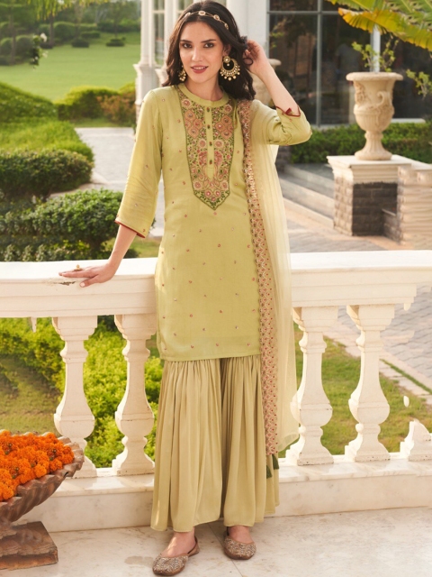 

AUTUMN LANE Women Green Beads and Stones Embroidered Kurti with Sharara & Dupatta Set