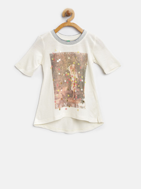 

United Colors of Benetton Girls Cream-Coloured Printed Round Neck T-shirt