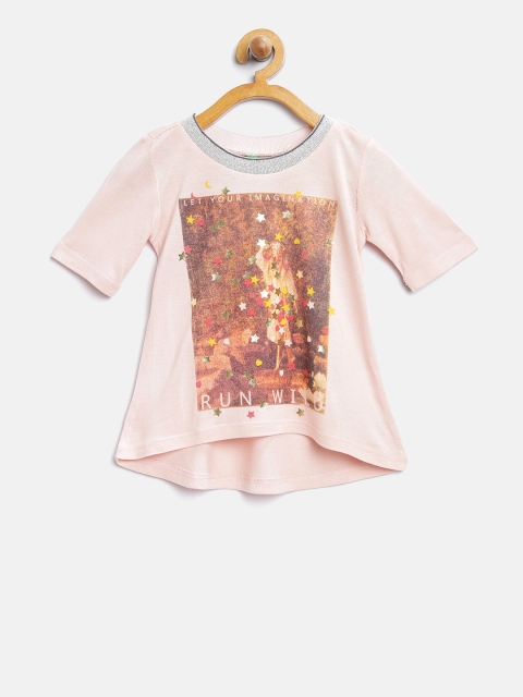 

United Colors of Benetton Girls Peach-Coloured Printed Round Neck T-shirt