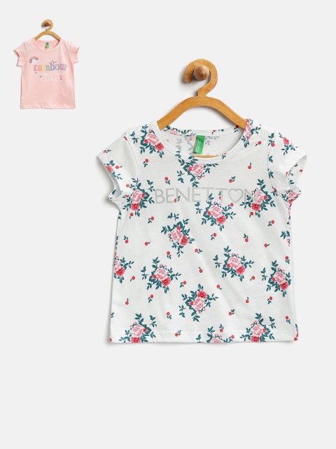 

United Colors of Benetton Girls Pack of 2 Printed Round Neck T-shirts, Peach
