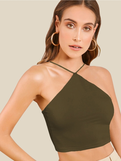 

AAHWAN Women Olive Green Solid Crop Top