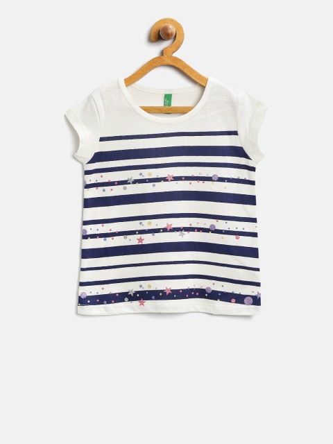 

United Colors of Benetton Girls Off-White & Navyy Striped Round Neck T-shirt