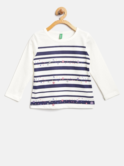 

United Colors of Benetton Girls White & Navy Striped Round Neck T-shirt