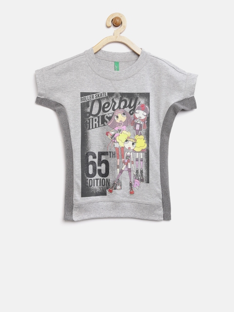 

United Colors of Benetton Girls Grey Melange Printed Round Neck T-shirt