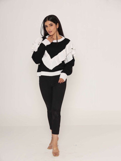 

KASMA Women Black & White Colourblocked Pullover with Embellished Detail