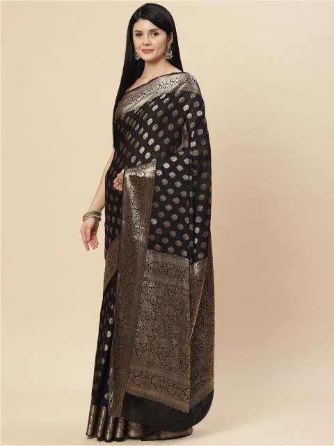 

Meena Bazaar Black & Gold-Toned Woven Design Zari Saree