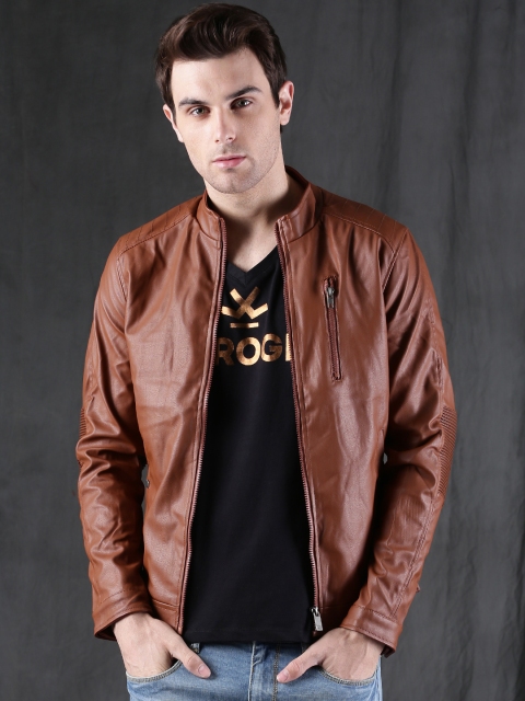 

WROGN Men Tan Brown Solid Biker Jacket