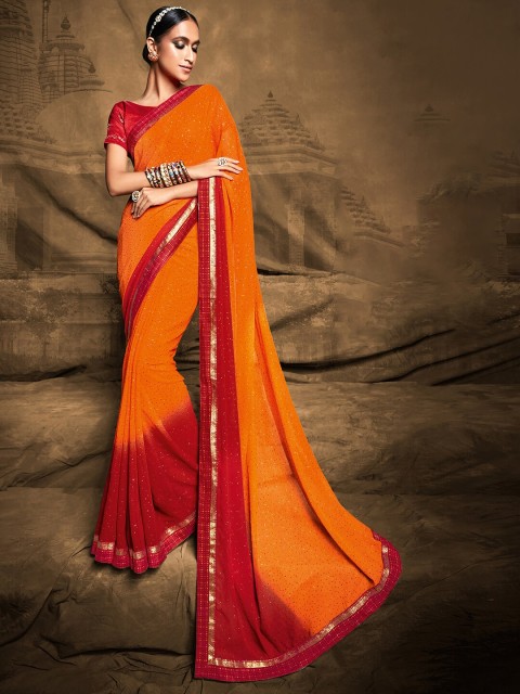 

Mitera Orange & Red Embellished Silk Blend Bagh Saree