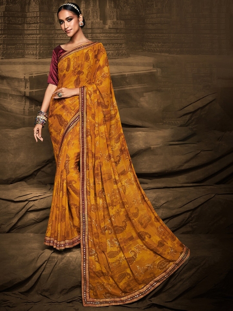 

Mitera Mustard & Brown Ethnic Motifs Silk Blend Saree