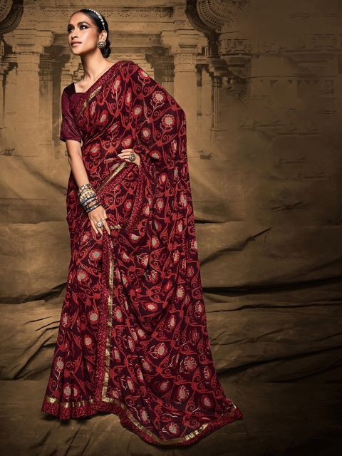 

Mitera Black & Maroon Floral Silk Blend Bagh Saree