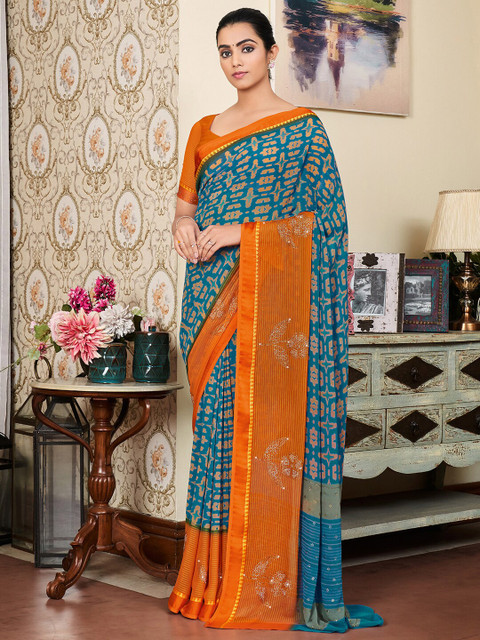 

Mitera Blue & Orange Bagh Silk Blend Bagh Saree