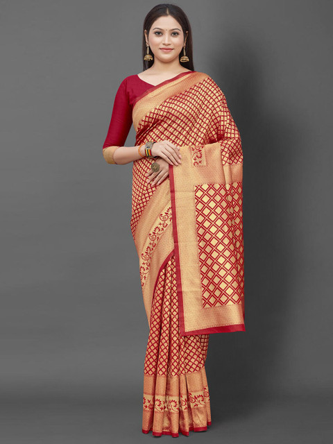

Mitera Red & Gold-Toned Paisley Zari Silk Blend Banarasi Saree