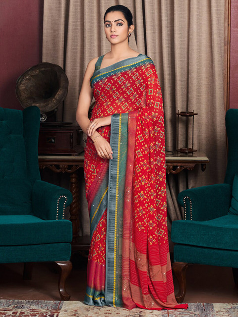 

Mitera Red & Grey Printed Silk Blend Bagh Saree
