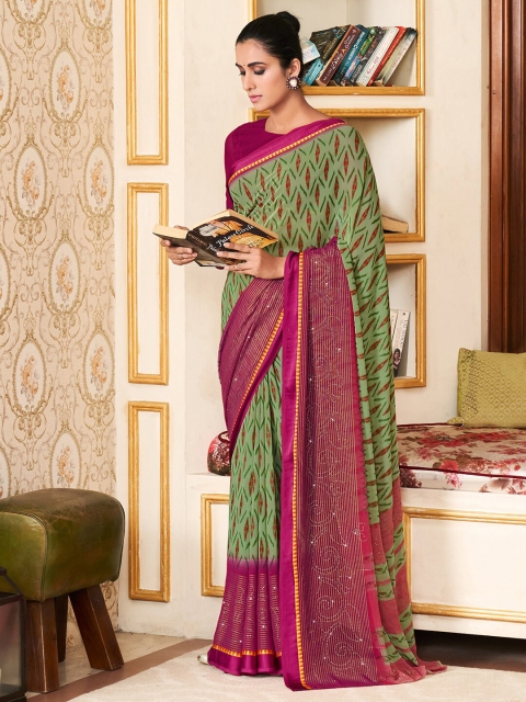 

Mitera Olive Green & Pink Printed Beads and Stones Silk Blend Bagh Saree