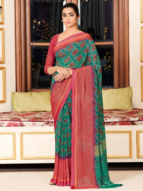 

Mitera Teal & Red Ethnic Motifs Silk Blend Bagh Saree