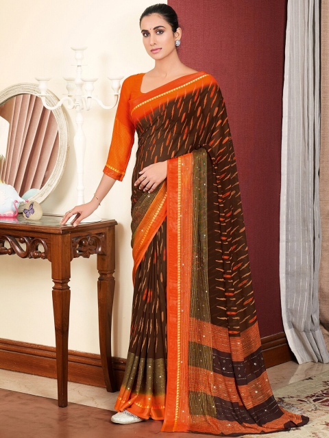 

Mitera Brown & Orange Silk Blend Bagh Saree