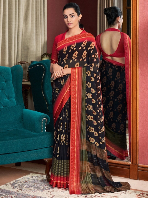 

Mitera Black & Red Floral Silk Blend Bagh Saree