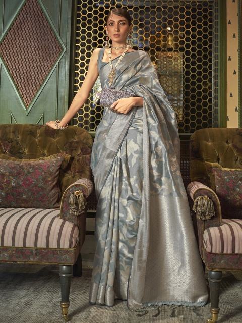 

Mitera Grey & Gold-Toned Woven Design Zari Silk Blend Banarasi Saree