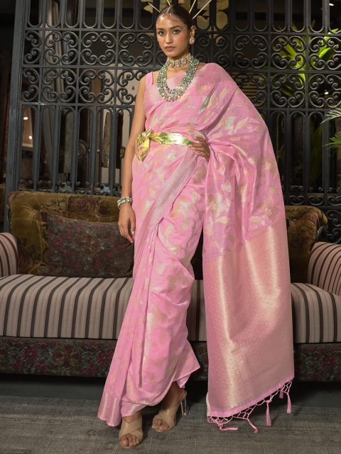 

Mitera Pink & Gold-Toned Woven Design Zari Silk Blend Banarasi Saree