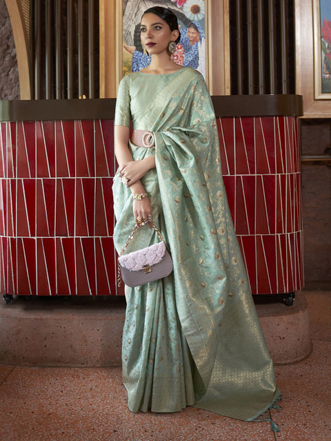 

Mitera Sea Green & Gold-Toned Woven Design Zari Silk Blend Banarasi Saree