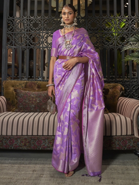 

Mitera Purple & Gold-Toned Woven Design Zari Silk Blend Banarasi Saree