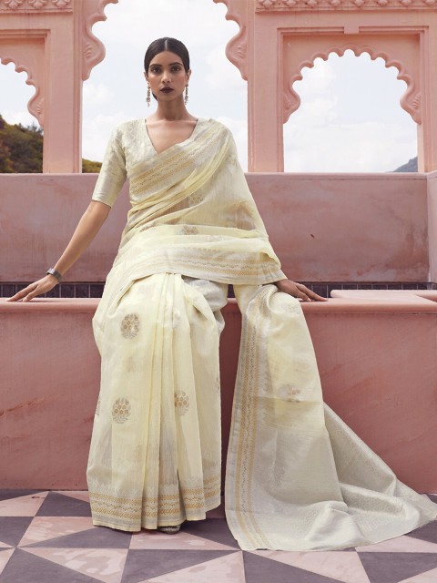 

Mitera Yellow & Gold-Toned Floral Zari Linen Blend Banarasi Saree