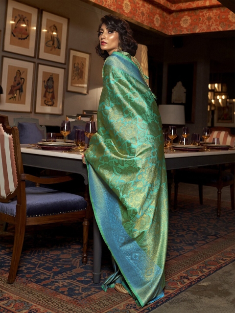 

Mitera Sea Green & Blue Woven Design Zari Silk Blend Kanjeevaram Saree