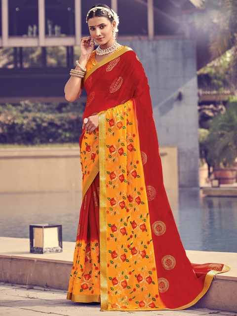 

Mitera Red & Green Floral Zari Pure Chiffon Banarasi Saree
