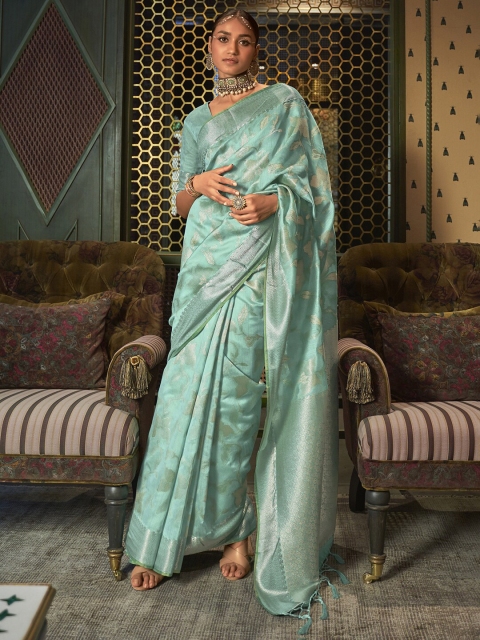 

Mitera Sea Green & Gold-Toned Floral Zari Banarasi Saree