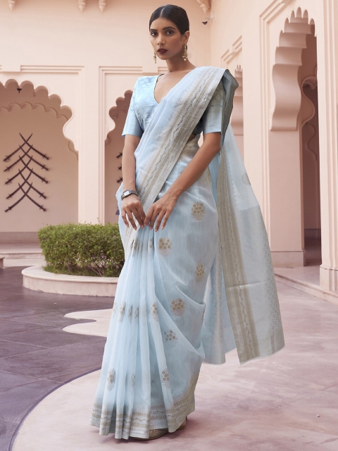 

Mitera Turquoise Blue & Gold-Toned Ethnic Motifs Zari Banarasi Saree