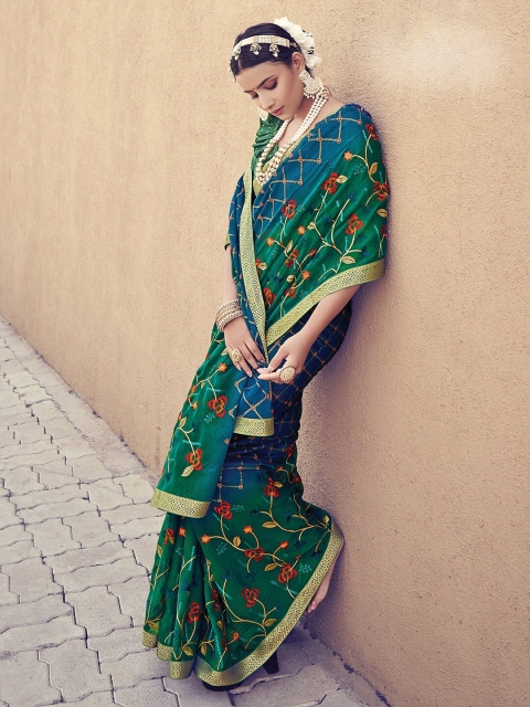 

Mitera Teal & Green Floral Embroidered Pure Chiffon Banarasi Saree