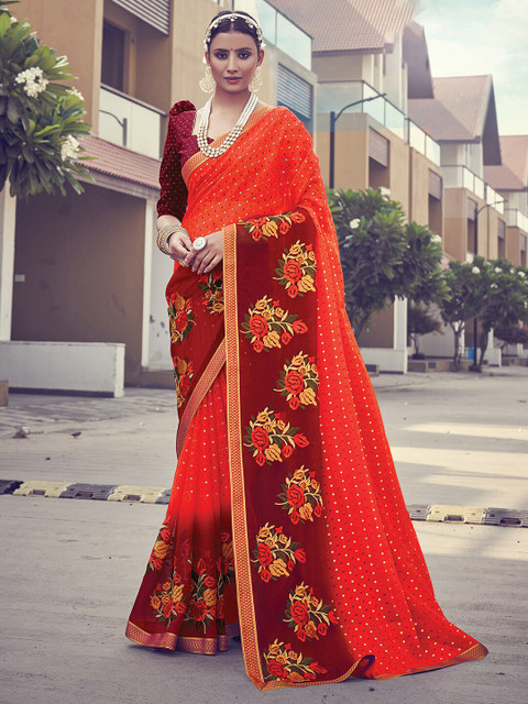 

Mitera Orange & Maroon Floral Embroidered Pure Chiffon Banarasi Saree