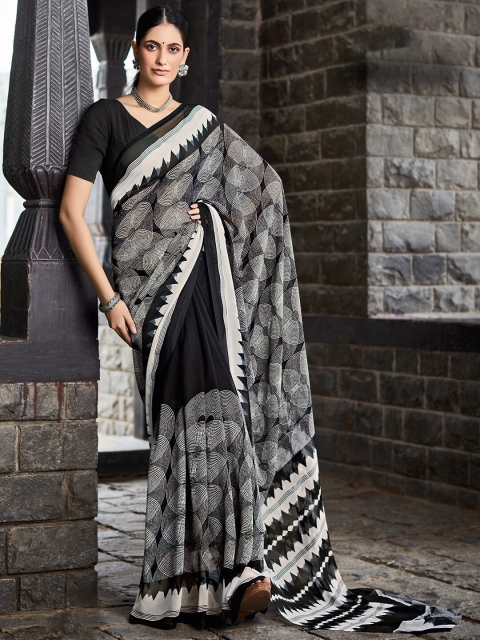 

Mitera Black & White Pure Georgette Block Print Saree