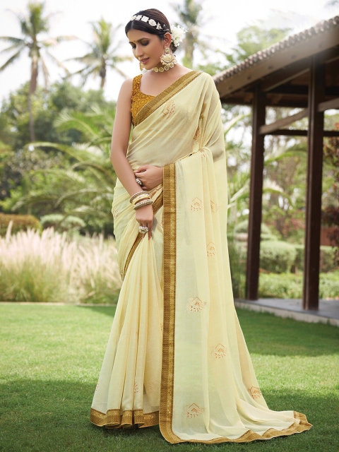 

Mitera Yellow & Gold-Toned Ethnic Motifs Pure Chiffon Bagru Saree