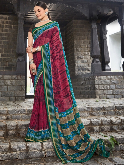 

Mitera Burgundy & Blue Tie and Dye Pure Georgette Block Print Saree