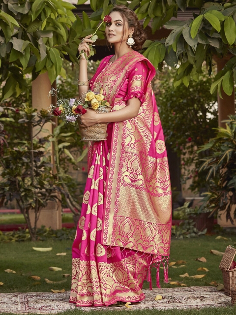 

Mitera Pink & Gold-Toned Woven Design Zari Silk Blend Bagh Saree