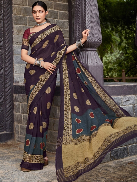 

Mitera Purple & Beige Pure Georgette Block Print Saree