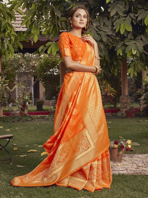 

Mitera Orange & Gold-Toned Woven Design Zari Silk Blend Bagh Saree