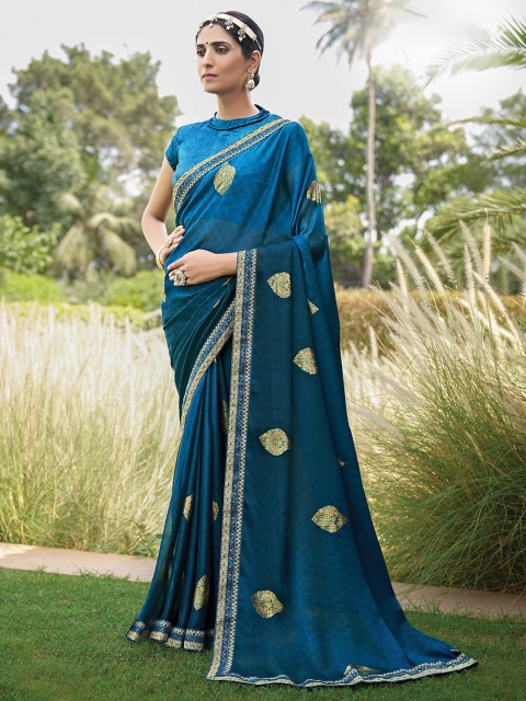 

Mitera Teal & Gold-Toned Ethnic Motifs Pure Chiffon Bagru Saree