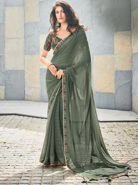 

Mitera Grey & Red Pure Georgette Taant Saree