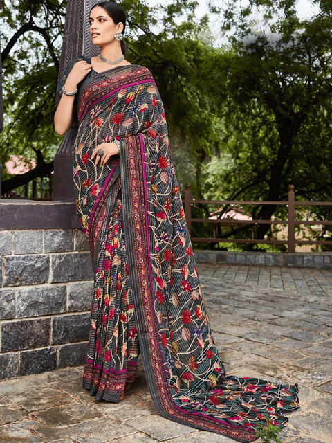 

Mitera Grey & Black Floral Pure Georgette Block Print Saree