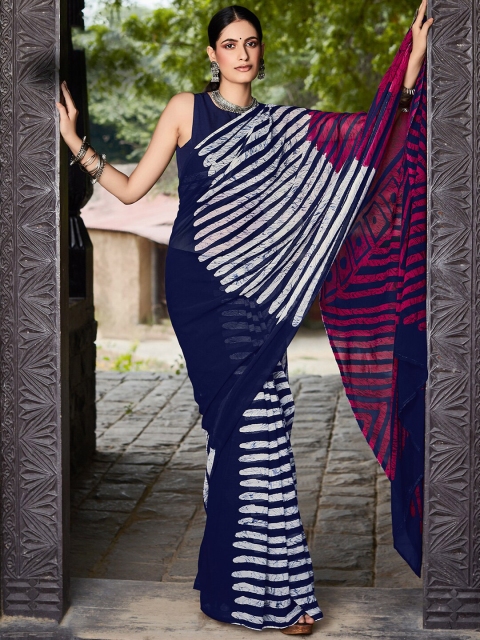 

Mitera Blue & White Striped Pure Georgette Block Print Saree