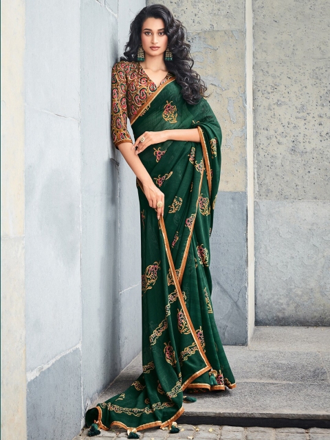 

Mitera Green & Beige Batik Pure Georgette Bagh Saree