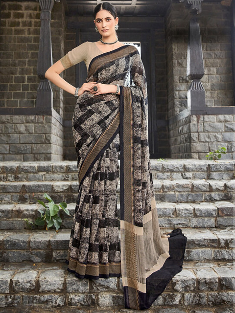 

Mitera Black & Brown Pure Georgette Block Print Saree