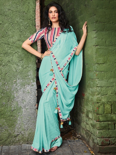 

Mitera Sea Green & Red Pure Georgette Tussar Saree