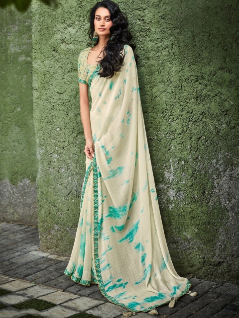 

Mitera Off White & Blue Tie and Dye Pure Georgette Tussar Saree